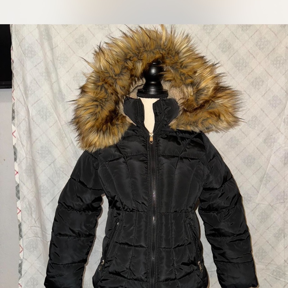 Steve Madden Black Puffer Jacket with Fur-Trimmed Hood